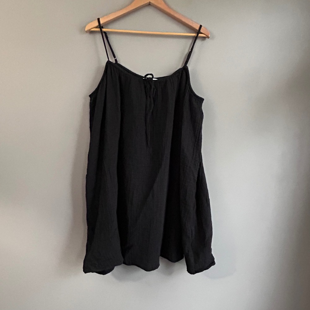 HM Womens XL Black Cotton Gauze Spaghetti Strap Mini Dress Flowy Boho 1032433-5